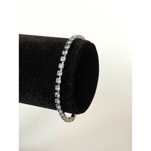 Bracelet Glass Rhinestone Light Blue Fold Over Clasp Silver Tone 6.75” Wedding